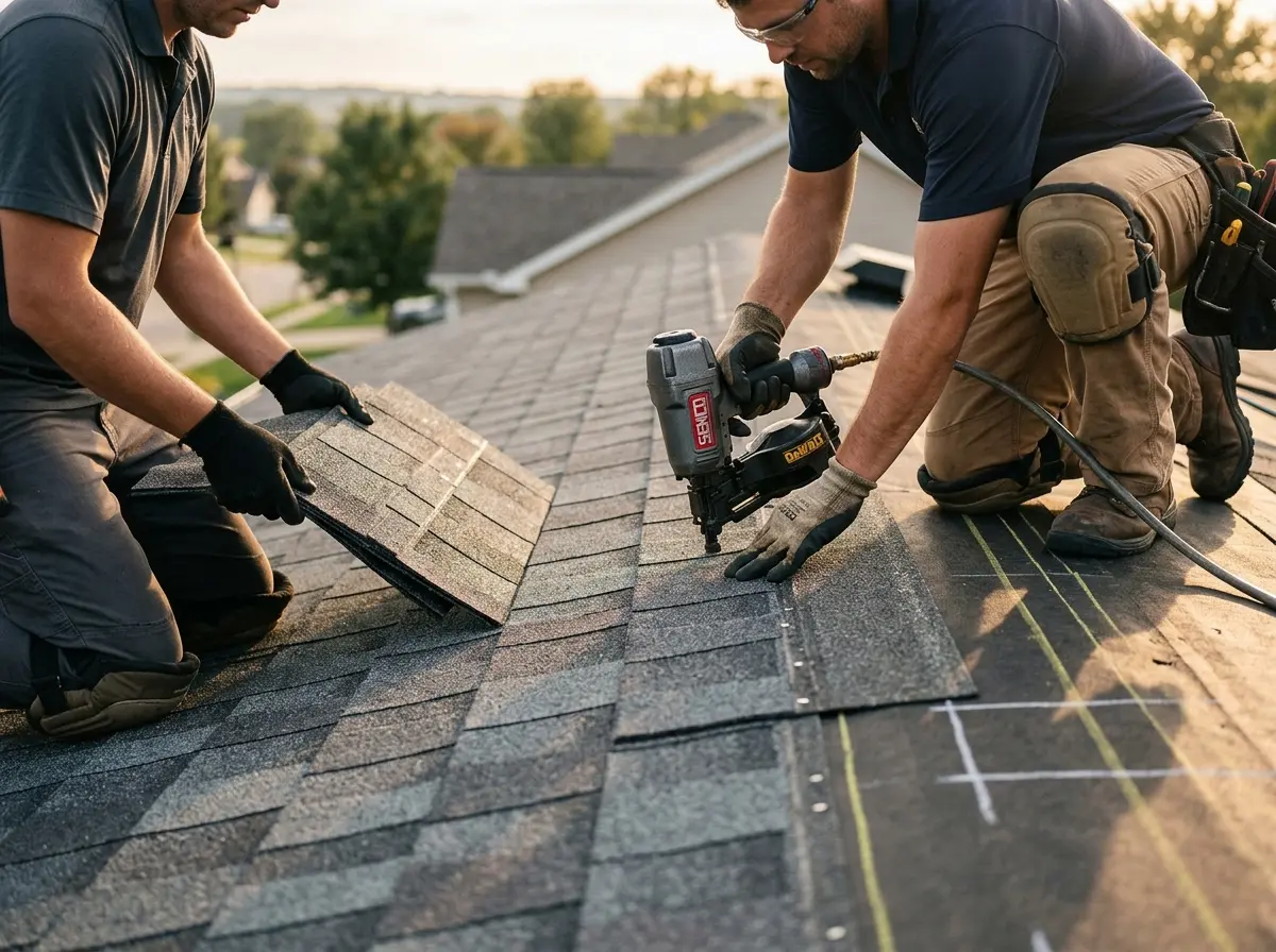 Professional roofer working on a residential roof in Corpus Christi